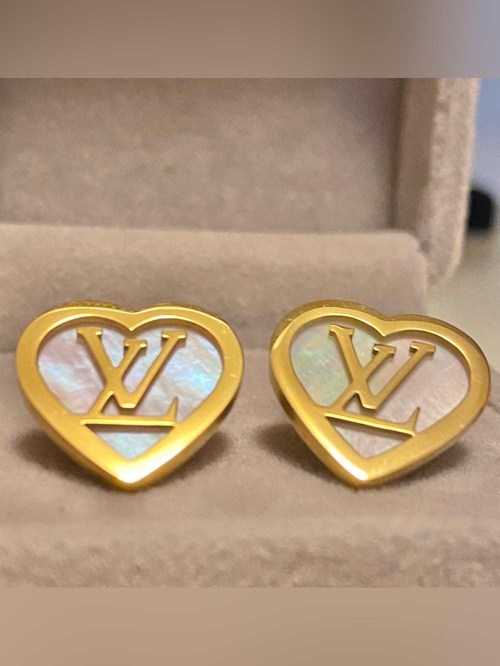 Fashion Jewelry 14K Gold Plated Heart Logo Stud Earrings- Mother-of-Pearl Inlay